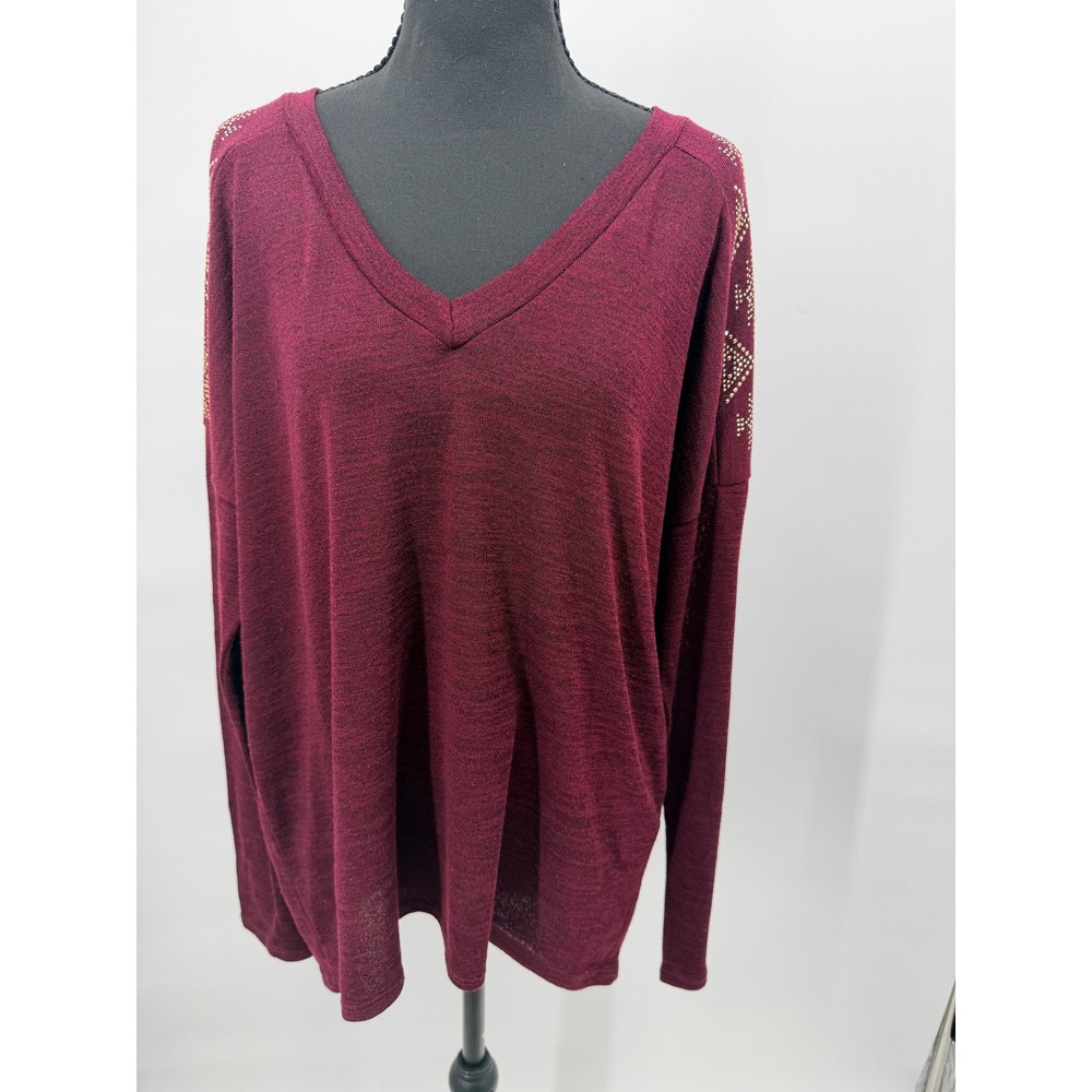 Chris & Carol Top Women L Burgundy Excellent Studded V-Neck Marled Long Sleeve